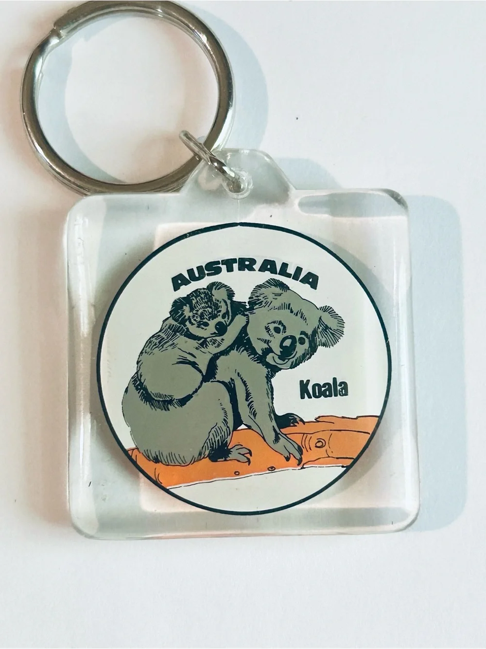 Australia Koala Keychain, Travel, Souvenir - Clear Acrylic with Grey & Orange